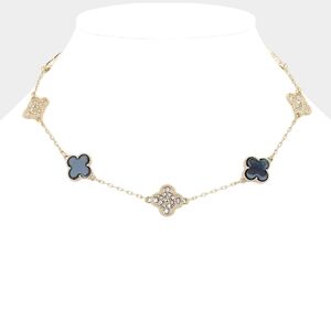 Gray & Gold Crystal Quatrefoil Clover Chain Necklace Station Pendant Everyday